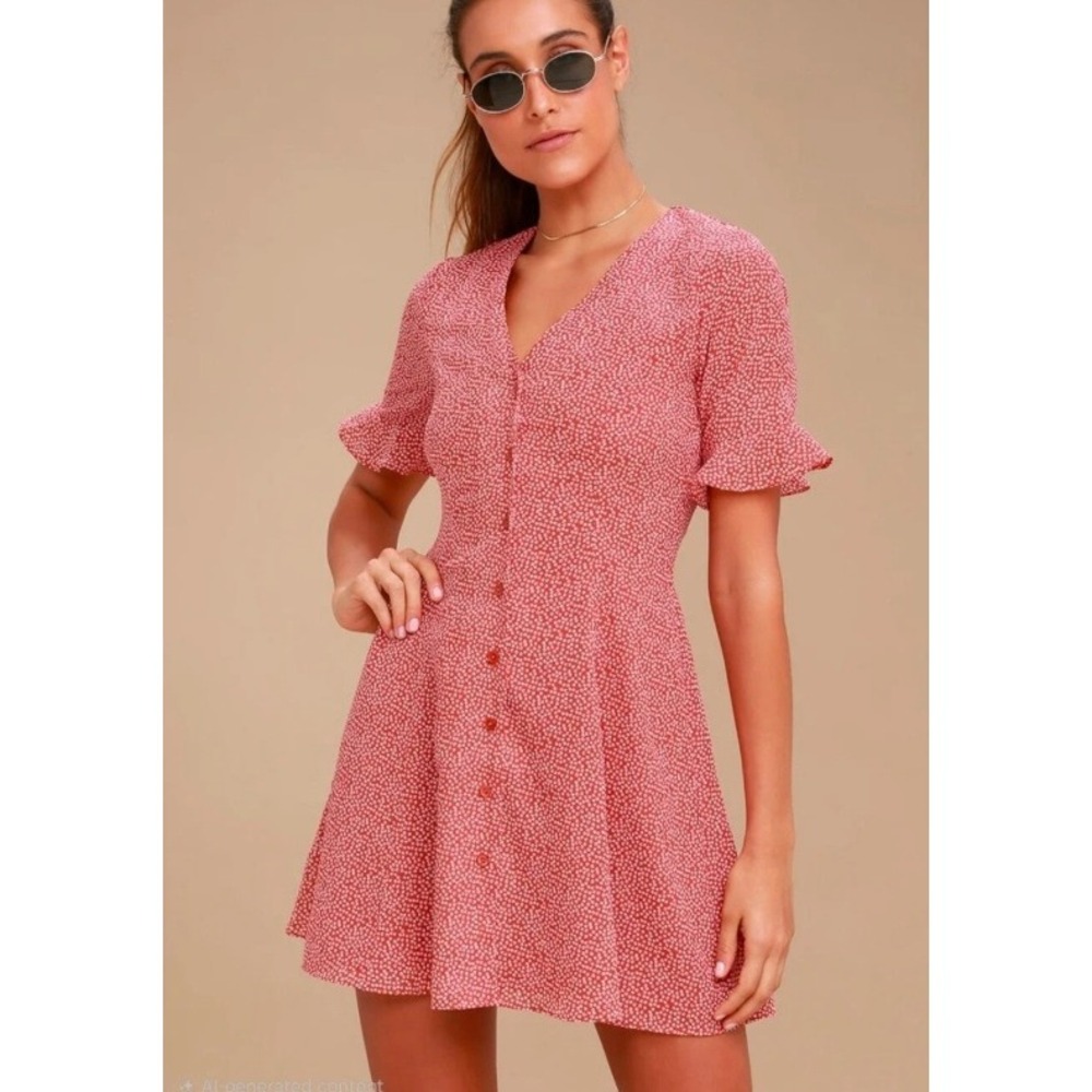 Lulus Castana Mini Dress Rust Red Button Front Sundress Small Casual V-Neck